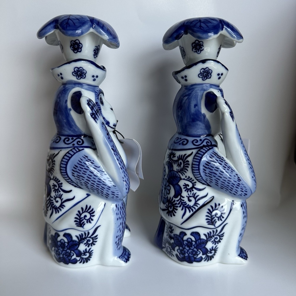 NWT 8 Oak Lane Blue White Porcelain Chinoiserie Monkey Candlestick Set 9 Inch - Picture 2 of 12
